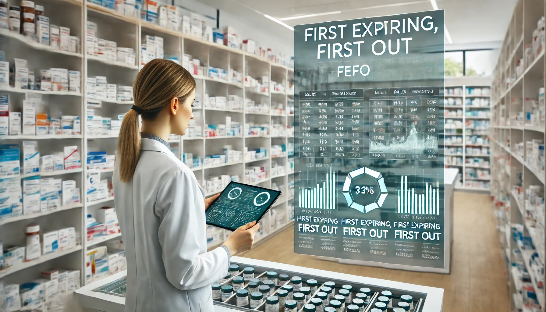 Woman Pharmacist examines an analysis of FEFO inventory